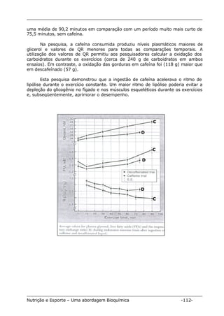 uma média de 90,2 minutos em comparação com um período muito mais curto de 
75,5 minutos, sem cafeína. 
Na pesquisa, a cafeína consumida produziu níveis plasmáticos maiores de 
glicerol e valores de QR menores para todas as comparações temporais. A 
utilização dos valores de QR permitiu aos pesquisadores calcular a oxidação dos 
carboidratos durante os exercícios (cerca de 240 g de carboidratos em ambos 
ensaios). Em contraste, a oxidação das gorduras em cafeína foi (118 g) maior que 
em descafeínado (57 g). 
Esta pesquisa demonstrou que a ingestão de cafeína acelerava o ritmo de 
lipólise durante o exercício constante. Um maior ritmo de lipólise poderia evitar a 
depleção do glicogênio no fígado e nos músculos esqueléticos durante os exercícios 
e, subseqüentemente, aprimorar o desempenho. 
D 
D 
C 
C 
D 
C 
Nutrição e Esporte – Uma abordagem Bioquímica -112- 
 
