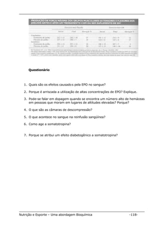 Questionário 
1. Quais são os efeitos causados pela EPO no sangue? 
2. Porque é arriscada a utilização de altas concentrações de EPO? Explique. 
3. Pode-se falar em dopagem quando se encontra um número alto de hemáceas 
em pessoas que moram em lugares de altitudes elevadas? Porque? 
4. O que são as câmaras de descompressão? 
5. O que acontece no sangue na reinfusão sangüínea? 
6. Como age a somatotropina? 
7. Porque se atribui um efeito diabetogênico a somatotropina? 
Nutrição e Esporte – Uma abordagem Bioquímica -118- 
 