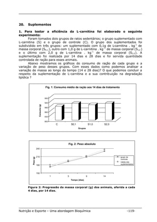 20. Suplementos 
1. Para testar a eficiência da L-carnitina foi elaborado o seguinte 
experimento: 
Foram tomados dois grupos de ratos sedentários; o grupo suplementado com 
L-carnitina (S) e o grupo de controle (C). O grupo dos suplementados foi 
subdividido em três grupos: um suplementado com 0,1g de L-carnitina . kg-1 de 
massa corporal (S0,1 ), outro com 1,0 g de L-carnitina . kg-1 de massa corporal (S1,0) 
e o último com 2,0 g de L-carnitina . kg-1 de massa corporal (S2,0). A 
suplementação foi realizada por 14 dias e 28 dias e foi servida quantidade 
controlada de ração para esses animais. 
Abaixo mostramos os gráficos do consumo de ração de cada grupo e a 
variação de peso desses grupos. Com esses dados como podemos analisar a 
variação de massa ao longo do tempo (14 e 28 dias)? O que podemos concluir a 
respeito da suplementação de L-carnitina e a sua contribuição na degradação 
lipídica ? 
Fig. 1: Consumo médio de ração aos 14 dias de tratamento 
950 
920 
890 
860 
830 
800 
Consumo (g) 
C S0,1 S1,0 S2,0 
Grupos 
Fig. 2: Peso absoluto 
240 
210 
180 
150 
1 5 9 14 
Tempo (dias) 
Peso (g) 
grupo de 
controle 
média dos 
suplementados 
Figura 2: Progressão da massa corporal (g) dos animais, aferida a cada 
4 dias, por 14 dias. 
Nutrição e Esporte – Uma abordagem Bioquímica -119- 
 