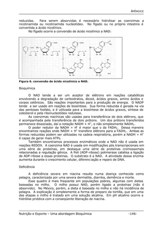 APÊNDICE 
reduzidas. Para serem absorvidas é necessário hidrolisar as coenzimas a 
nicotinamida ou nicotinamida nucleotídeo. No fígado ou no próprio intestino é 
convertida a ácido nicotínico. 
No fígado ocorre a conversão de ácido nicotínico a NAD: 
Figura 6. conversão de ácido nicotínico a NAD. 
Bioquímica 
O NAD tende a ser um aceptor de elétrons em reações catabólicas 
envolvendo a degradação de carboidratos, álcool, ácidos graxos, amino ácidos e 
corpos cetônicos. São reações importantes para a produção de energia. O NADP 
tende a ser usado em reações de biosíntese. Sua forma reduzida é gerada na via 
das pentoses fosfato, e é utilizada para a biosíntese de ácidos graxos, síntese de 
colesterol e pela ribonucleotídeo redutase. 
As coenzimas niacínicas são usadas para transferência de dois elétrons, que 
é acompanhada pela transferência de dois prótons. Um dos prótons transferidos 
permanece dissociado, daí a notação NADH + H+, e não simplesmente NADH2. 
O poder redutor da NADH + H+ é maior que o da FADH2. Dessa maneira 
encontramos reações onde NADH + H+ transfere elétrons para a FADH2. Ambas as 
formas reduzidas podem ser utilizadas na cadeia respiratória, porém a NADH + H+ 
é capaz de gerar mais ATPs. 
Também encontramos processos enzimáticos onde a NAD não é usada em 
reações REDOX. A coenzima NAD é usada em modificações pós transcripcionais em 
uma série de proteínas, em destaque uma série de proteínas cromossomais 
relacionadas a regulação gênica. A Poli (ADP-ribose) polimerase catalisa a ligação 
de ADP-ribose a essas proteínas. O substrato é a NAD. A atividade dessa enzima 
aumenta durante o crescimento celular, diferenciação e reparo de DNA. 
Deficiência 
A deficiência severa em niacina resulta numa doença conhecida como 
pelagra, caracterizada por uma severa dermatite, diarréia, demência e morte. 
Esse quadro é mais freqüente em populações pobres, algumas com dietas 
baseadas no milho. O milho possui NAD, porém ligado a proteínas (não é 
absorvido). No México, porém, a dieta é baseada no milho e não há incidência de 
pelagra. A explicação é simplesmente a forma de preparo da tortilla, que em uma 
das etapas o milho é tratado em uma solução alcalina. Em pH alcalino ocorre a 
hidrólise protéica com a conseqüente liberação de niacina. 
Nutrição e Esporte – Uma abordagem Bioquímica -146- 
 