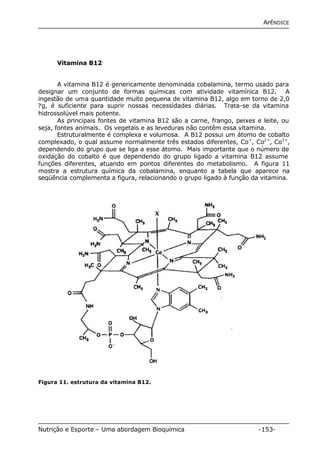 APÊNDICE 
Vitamina B12 
A vitamina B12 é genericamente denominada cobalamina, termo usado para 
designar um conjunto de formas químicas com atividade vitamínica B12. A 
ingestão de uma quantidade muito pequena de vitamina B12, algo em torno de 2,0 
?g, é suficiente para suprir nossas necessidades diárias. Trata-se da vitamina 
hidrossolúvel mais potente. 
As principais fontes de vitamina B12 são a carne, frango, peixes e leite, ou 
seja, fontes animais. Os vegetais e as leveduras não contêm essa vitamina. 
Estruturalmente é complexa e volumosa. A B12 possui um átomo de cobalto 
complexado, o qual assume normalmente três estados diferentes, Co+, Co2+, Co3+, 
dependendo do grupo que se liga a esse átomo. Mais importante que o número de 
oxidação do cobalto é que dependendo do grupo ligado a vitamina B12 assume 
funções diferentes, atuando em pontos diferentes do metabolismo. A figura 11 
mostra a estrutura química da cobalamina, enquanto a tabela que aparece na 
seqüência complementa a figura, relacionando o grupo ligado à função da vitamina. 
Figura 11. estrutura da vitamina B12. 
Nutrição e Esporte – Uma abordagem Bioquímica -153- 
 