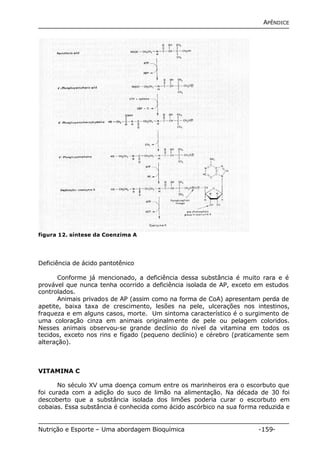APÊNDICE 
figura 12. síntese da Coenzima A 
Deficiência de ácido pantotênico 
Conforme já mencionado, a deficiência dessa substância é muito rara e é 
provável que nunca tenha ocorrido a deficiência isolada de AP, exceto em estudos 
controlados. 
Animais privados de AP (assim como na forma de CoA) apresentam perda de 
apetite, baixa taxa de crescimento, lesões na pele, ulcerações nos intestinos, 
fraqueza e em alguns casos, morte. Um sintoma característico é o surgimento de 
uma coloração cinza em animais originalmente de pele ou pelagem coloridos. 
Nesses animais observou-se grande declínio do nível da vitamina em todos os 
tecidos, exceto nos rins e fígado (pequeno declínio) e cérebro (praticamente sem 
alteração). 
VITAMINA C 
No século XV uma doença comum entre os marinheiros era o escorbuto que 
foi curada com a adição do suco de limão na alimentação. Na década de 30 foi 
descoberto que a substância isolada dos limões poderia curar o escorbuto em 
cobaias. Essa substância é conhecida como ácido ascórbico na sua forma reduzida e 
Nutrição e Esporte – Uma abordagem Bioquímica -159- 
 
