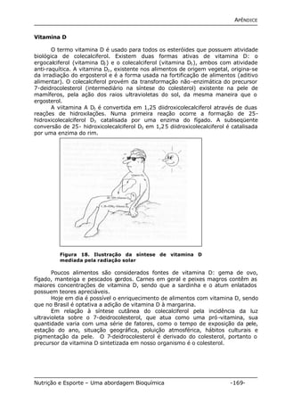 APÊNDICE 
Vitamina D 
O termo vitamina D é usado para todos os esteróides que possuem atividade 
biológica de colecalciferol. Existem duas formas ativas de vitamina D: o 
ergocalciferol (vitamina D2) e o colecalciferol (vitamina D3), ambos com atividade 
anti-raquítica. A vitamina D2, existente nos alimentos de origem vegetal, origina-se 
da irradiação do ergosterol e é a forma usada na fortificação de alimentos (aditivo 
alimentar). O colecalciferol provém da transformação não-enzimática do precursor 
7-deidrocolesterol (intermediário na síntese do colesterol) existente na pele de 
mamíferos, pela ação dos raios ultravioletas do sol, da mesma maneira que o 
ergosterol. 
A viitamina A D3 é convertida em 1,25 diidroxicolecalciferol através de duas 
3 
Dreações de hidroxilações. Numa primeira reação ocorre a formação de 25- 
hidroxicolecalciferol catalisada por uma enzima do fígado. A subseqüente 
conversão de 25- hidroxicolecalciferol D3 em 1,25 diidroxicolecalciferol é catalisada 
por uma enzima do rim. 
Figura 18. Ilustração da síntese de vitamina D 
mediada pela radiação solar 
Poucos alimentos são considerados fontes de vitamina D: gema de ovo, 
fígado, manteiga e pescados gordos. Carnes em geral e peixes magros contêm as 
maiores concentrações de vitamina D, sendo que a sardinha e o atum enlatados 
possuem teores apreciáveis. 
Hoje em dia é possível o enriquecimento de alimentos com vitamina D, sendo 
que no Brasil é optativa a adição de vitamina D à margarina. 
Em relação à síntese cutânea do colecalciferol pela incidência da luz 
ultravioleta sobre o 7-deidrocolesterol, que atua como uma pró-vitamina, sua 
quantidade varia com uma série de fatores, como o tempo de exposição da pele, 
estação do ano, situação geográfica, poluição atmosférica, hábitos culturais e 
pigmentação da pele. O 7-deidrocolesterol é derivado do colesterol, portanto o 
precursor da vitamina D sintetizada em nosso organismo é o colesterol. 
Nutrição e Esporte – Uma abordagem Bioquímica -169- 
 