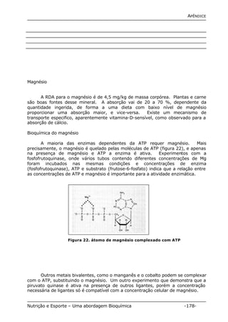 APÊNDICE 
Magnésio 
A RDA para o magnésio é de 4,5 mg/kg de massa corpórea. Plantas e carne 
são boas fontes desse mineral. A absorção vai de 20 a 70 %, dependente da 
quantidade ingerida, de forma a uma dieta com baixo nível de magnésio 
proporcionar uma absorção maior, e vice-versa. Existe um mecanismo de 
transporte especifico, aparentemente vitamina-D-sensível, como observado para a 
absorção de cálcio. 
Bioquímica do magnésio 
A maioria das enzimas dependentes da ATP requer magnésio. Mais 
precisamente, o magnésio é quelado pelas moléculas de ATP (figura 22), e apenas 
na presença de magnésio e ATP a enzima é ativa. Experimentos com a 
fosfofrutoquinase, onde vários tubos contendo diferentes concentrações de Mg 
foram incubados nas mesmas condições e concentrações de enzima 
(fosfofrutoquinase), ATP e substrato (frutose-6-fosfato) indica que a relação entre 
as concentrações de ATP e magnésio é importante para a atividade enzimática. 
Figura 22. átomo de magnésio complexado com ATP 
Outros metais bivalentes, como o manganês e o cobalto podem se complexar 
com o ATP, substituindo o magnésio. Um outro experimento que demonstra que a 
piruvato quinase é ativa na presença de outros ligantes, porém a concentração 
necessária de ligantes só é compatível com a concentração celular de magnésio. 
Nutrição e Esporte – Uma abordagem Bioquímica -178- 
 