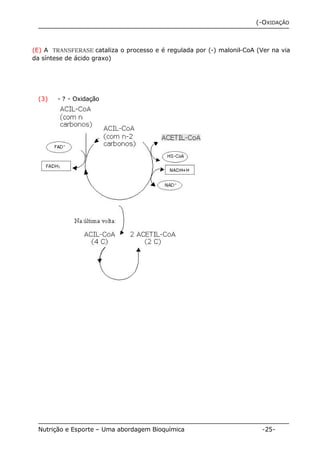 (-OXIDAÇÃO 
(E) A TRANSFERASE cataliza o processo e é regulada por (-) malonil-CoA (Ver na via 
da síntese de ácido graxo) 
(3) - ? - Oxidação 
Nutrição e Esporte – Uma abordagem Bioquímica -25- 
 