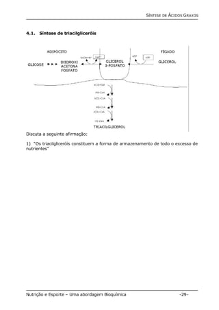 SÍNTESE DE ÁCIDOS GRAXOS 
4.1. Síntese de triacilgliceróis 
Discuta a seguinte afirmação: 
1) “Os triacilgliceróis constituem a forma de armazenamento de todo o excesso de 
nutrientes” 
Nutrição e Esporte – Uma abordagem Bioquímica -29- 
 