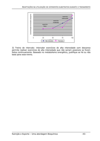 ADAPTAÇÕES NA UTILIZAÇÃO DE DIFERENTES SUBSTRATOS DURANTE O TREINAMENTO 
exercício 
fraco 
exercício 
moderado 
exercício 
extenuante 
0 25 50 75 100 
VO2 max. (%) 
Concentração de lactato sangüíneo 
Não treinados Treinados 
3) Treino de intervalo: intercalar exercícios de alta intensidade com descanso 
permite realizar exercícios de alta intensidade que não seriam possíveis se foram 
feitos continuamente. Baseado no metabolismo energético, justifique se há ou não 
base para esse treino. 
Nutrição e Esporte – Uma abordagem Bioquímica -43- 
 