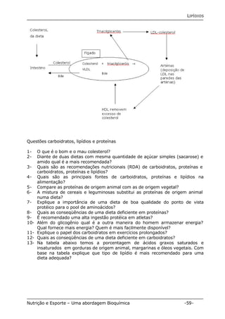 LIPÍDIOS 
Questões carboidratos, lipídios e proteínas 
1- O que é o bom e o mau colesterol? 
2- Diante de duas dietas com mesma quantidade de açúcar simples (sacarose) e 
amido qual é a mais recomendada? 
3- Quais são as recomendações nutricionais (RDA) de carboidratos, proteínas e 
carboidratos, proteínas e lipídios? 
4- Quais são as principais fontes de carboidratos, proteínas e lipídios na 
alimentação? 
5- Compare as proteínas de origem animal com as de origem vegetal? 
6- A mistura de cereais e leguminosas substitui as proteínas de origem animal 
numa dieta? 
7- Explique a importância de uma dieta de boa qualidade do ponto de vista 
protéico para o pool de aminoácidos? 
8- Quais as conseqüências de uma dieta deficiente em proteínas? 
9- È recomendado uma alta ingestão protéica em atletas? 
10- Além do glicogênio qual é a outra maneira do homem armazenar energia? 
Qual fornece mais energia? Quem é mais facilmente disponível? 
11- Explique o papel dos carboidratos em exercícios prolongados? 
12- Quais as conseqüências de uma dieta deficiente em carboidratos? 
13- Na tabela abaixo temos a porcentagem de ácidos graxos saturados e 
insaturados em gorduras de origem animal, margarinas e óleos vegetais. Com 
base na tabela explique que tipo de lipídio é mais recomendado para uma 
dieta adequada? 
Nutrição e Esporte – Uma abordagem Bioquímica -59- 
 