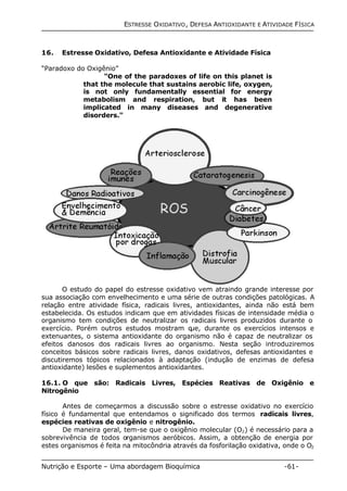 ESTRESSE OXIDATIVO, DEFESA ANTIOXIDANTE E ATIVIDADE FÍSICA 
16. Estresse Oxidativo, Defesa Antioxidante e Atividade Física 
“Paradoxo do Oxigênio” 
"One of the paradoxes of life on this planet is 
that the molecule that sustains aerobic life, oxygen, 
is not only fundamentally essential for energy 
metabolism and respiration, but it has been 
implicated in many diseases and degenerative 
disorders." 
O estudo do papel do estresse oxidativo vem atraindo grande interesse por 
sua associação com envelhecimento e uma série de outras condições patológicas. A 
relação entre atividade física, radicais livres, antioxidantes, ainda não está bem 
estabelecida. Os estudos indicam que em atividades físicas de intensidade média o 
organismo tem condições de neutralizar os radicais livres produzidos durante o 
exercício. Porém outros estudos mostram que, durante os exercícios intensos e 
extenuantes, o sistema antioxidante do organismo não é capaz de neutralizar os 
efeitos danosos dos radicais livres ao organismo. Nesta seção introduziremos 
conceitos básicos sobre radicais livres, danos oxidativos, defesas antioxidantes e 
discutiremos tópicos relacionados à adaptação (indução de enzimas de defesa 
antioxidante) lesões e suplementos antioxidantes. 
16.1. O que são: Radicais Livres, Espécies Reativas de Oxigênio e 
Nitrogênio 
Antes de começarmos a discussão sobre o estresse oxidativo no exercício 
físico é fundamental que entendamos o significado dos termos radicais livres, 
espécies reativas de oxigênio e nitrogênio. 
De maneira geral, tem-se que o oxigênio molecular (O2) é necessário para a 
sobrevivência de todos organismos aeróbicos. Assim, a obtenção de energia por 
estes organismos é feita na mitocôndria através da fosforilação oxidativa, onde o O2 
Nutrição e Esporte – Uma abordagem Bioquímica -61- 
 