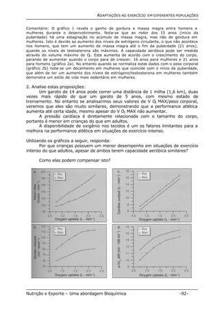 ADAPTAÇÕES AO EXERCÍCIO EM DIFERENTES POPULAÇÕES 
Comentário: O gráfico 1 revela o ganho de gordura e massa magra entre homens e 
mulheres durante o desenvolvimento. Nota-se que ao redor dos 15 anos (início da 
puberdade) há uma estagnação no acúmulo de massa magra, mas não de gordura em 
mulheres. Isto é devido ao aumento dos níveis de estrógeno circulante, o que não acontece 
nos homens, que tem um aumento de massa magra até o fim da puberdade (21 anos), 
quando os níveis de testosterona são máximos. A capacidade aeróbica pode ser medida 
através do volume máximo de O2. Este aumenta de acordo com o crescimento do corpo, 
parando de aumentar quando o corpo para de crescer: 16 anos para mulheres e 21 anos 
para homens (gráfico 2a). No entanto quando se normaliza estes dados com o peso corporal 
(gráfico 2b) nota-se um decaimento em mulheres que coincide com o início da puberdade, 
que além de ter um aumento dos níveis de estrógeno/testosterona em mulheres também 
demonstra um estilo de vida mais sedentário em mulheres. 
2. Analise estas proposições: 
Um garoto de 14 anos pode correr uma distância de 1 milha (1,6 km), duas 
vezes mais rápido do que um garoto de 5 anos, com mesmo estado de 
treinamento. No entanto se analisarmos seus valores de V O2 MAX/peso corporal, 
veremos que eles são muito similares, demonstrando que a performance atlética 
aumenta até certa idade, mesmo apesar do V O2 MAX não aumentar. 
A pressão cardíaca é diretamente relacionada com o tamanho do corpo, 
portanto é menor em crianças do que em adultos. 
A disponibilidade de oxigênio nos tecidos é um os fatores limitantes para a 
melhora na performance atlética em situações de exercício intenso. 
Utilizando os gráficos a seguir, responda: 
Por que crianças possuem um menor desempenho em situações de exercício 
intenso do que adultos, apesar de ambos terem capacidade aeróbica similares? 
Como elas podem compensar isto? 
Nutrição e Esporte – Uma abordagem Bioquímica -92- 
 