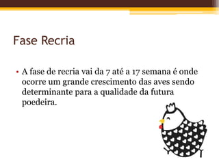 Fase Recria
• A fase de recria vai da 7 até a 17 semana é onde
ocorre um grande crescimento das aves sendo
determinante para a qualidade da futura
poedeira.
 
