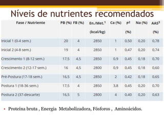 Níveis de nutrientes recomendados
• Proteína bruta , Energia Metabolizadora, Fósforos , Aminoácidos.
 
