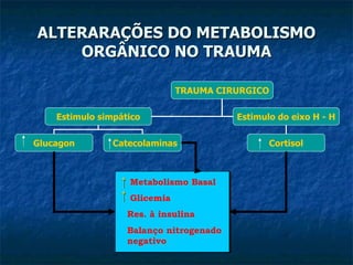 ALTERARAÇÕES DO METABOLISMO ORGÂNICO NO TRAUMA Metabolismo Basal Glicemia Res. à insulina Balanço nitrogenado negativo TRAUMA CIRURGICO Estimulo simpático Estimulo do eixo H - H Glucagon Catecolaminas Cortisol 