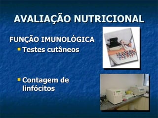 AVALIAÇÃO NUTRICIONAL FUNÇÃO IMUNOLÓGICA Testes cutâneos Contagem de linfócitos 
