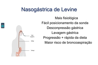 Nasogástrica de Levine
Mais fisiológica
Fácil posicionamento da sonda
Desconpressão gástrica
Lavagem gástrica
Progressão + rápida da dieta
Maior risco de broncoaspiração
 