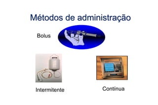 Métodos de administração
Bolus
Intermitente Contínua
 