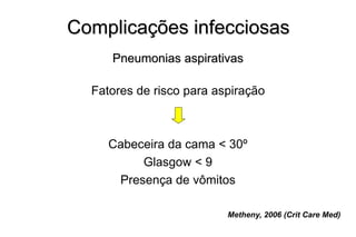 Complicações infecciosas
Pneumonias aspirativas
Fatores de risco para aspiração
Cabeceira da cama < 30º
Glasgow < 9
Presença de vômitos
Metheny, 2006 (Crit Care Med)
 