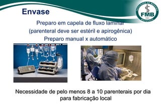 Envase
Preparo em capela de fluxo laminar
(parenteral deve ser estéril e apirogênica)
Preparo manual x automático
Necessidade de pelo menos 8 a 10 parenterais por dia
para fabricação local
 