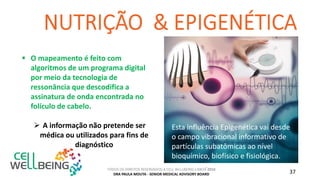TODOS OS DIREITOS RESERVADOS A CELL WELLBEING LISBOA 2016
DRA PAULA MOUTA - SENIOR MEDICAL ADVISORY BOARD 37
 O mapeamento é feito com
algoritmos de um programa digital
por meio da tecnologia de
ressonância que descodifica a
assinatura de onda encontrada no
folículo de cabelo.
 A informação não pretende ser
médica ou utilizados para fins de
diagnóstico
Esta influência Epigenética vai desde
o campo vibracional informativo de
partículas subatômicas ao nível
bioquímico, biofísico e fisiológica.
organismo.
 