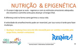 TODOS OS DIREITOS RESERVADOS A CELL WELLBEING LISBOA 2016
DRA PAULA MOUTA - SENIOR MEDICAL ADVISORY BOARD 38
 O corpo é algo que se auto - regenera e com os estímulos emocionais adequados
ele encontra o caminho certo para alcançar a Energia Vital.
A diferença está na forma como gerimos a nossa vida.
A velocidade do envelhecimento pode ser reversível, por isso nunca é tarde para fazer
mudanças.
 Qualquer mudança leva cerca de três meses(3) para ser sentida e mantida pelo
corpo físico, mental e emocional.
 