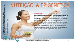 TODOS OS DIREITOS RESERVADOS A CELL WELLBEING LISBOA 2016
DRA PAULA MOUTA - SENIOR MEDICAL ADVISORY BOARD 8
EM PORTUGAL
A Direção-geral da Saúde revela que metade das causas de
doença e de morte em Portugal têm relação direta com a
alimentação, apontando o consumo excessivo de sal e de
açúcar como fatores de risco para várias doenças.
Traçada como uma das metas do atual Plano Nacional de
Saúde, o aumento da esperança média de vida saudável e a
diminuição da mortalidade precoce são duas das quatro
grandes metades definidas no Plano, que contempla ainda
objetivos mais dirigidos às gerações mais jovens.
 