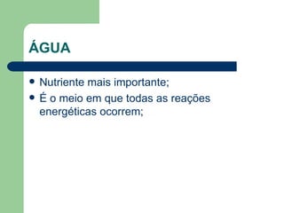 ÁGUA Nutriente mais importante; É o meio em que todas as reações energéticas ocorrem; 