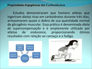  Propriedades Ergogênicas dos Carboidratos

     Estudos demonstraram que homens atletas que
 ingeriram dietas ricas em carboidratos durante três dias,
 armazenaram quase o dobro de sua quantidade normal
 de glicogênio muscular. Essa prática é denominada dieta
 de supercompensação e é amplamente utilizada por
 atletas de endurance, proporcionando ótimos
 resultados com relação ao cansaço e a fadiga.
 