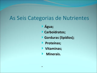 As Seis Categorias de Nutrientes
             Água;
             Carboidratos;
             Gorduras (lipídios);
             Proteínas;
             Vitaminas;
             Minerais.
             
 