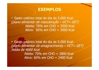 EXEMPLOSEXEMPLOS
Gasto calórico total do dia de 5.000 Kcal:Gasto calórico total do dia de 5.000 Kcal:
(plano alimentar de manutenção(plano alimentar de manutenção –– VCT= GET)VCT= GET)
Atleta: 70% em CHO = 3500 KcalAtleta: 70% em CHO = 3500 Kcal
Ativo: 60% em CHO = 3000 KcalAtivo: 60% em CHO = 3000 Kcal
Gasto calórico total do dia de 5.000 Kcal:Gasto calórico total do dia de 5.000 Kcal:
(plano alimentar de emagrecimento(plano alimentar de emagrecimento –– VCT< GET)VCT< GET)
Média de 4000 KcalMédia de 4000 Kcal
Atleta: 70% em CHO = 2800 KcalAtleta: 70% em CHO = 2800 Kcal
Ativo: 60% em CHO = 2400 KcalAtivo: 60% em CHO = 2400 Kcal
 