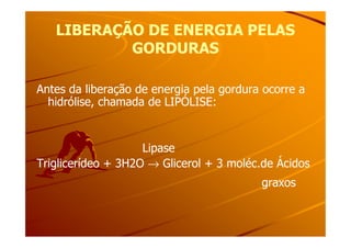 LIBERAÇÃO DE ENERGIA PELASLIBERAÇÃO DE ENERGIA PELAS
GORDURASGORDURAS
Antes da liberação de energia pela gordura ocorre aAntes da liberação de energia pela gordura ocorre a
hidrólise, chamada de LIPÓLISE:hidrólise, chamada de LIPÓLISE:
LipaseLipase
Triglicerídeo + 3H2OTriglicerídeo + 3H2O →→ Glicerol + 3 moléc.de ÁcidosGlicerol + 3 moléc.de Ácidos
graxosgraxos
 