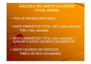 CÁLCULO DO GASTO CALÓRICOCÁLCULO DO GASTO CALÓRICO
TOTAL DIÁRIOTOTAL DIÁRIO
TAXA DE MATEBOLISMO BASALTAXA DE MATEBOLISMO BASAL
GASTO ENERGÉTICO TOTAL (GET) (sem exercício)GASTO ENERGÉTICO TOTAL (GET) (sem exercício)
TMB x Fator atividadeTMB x Fator atividadeTMB x Fator atividadeTMB x Fator atividade
GASTO ENERGÉTICO TOTAL (com exercício) =GASTO ENERGÉTICO TOTAL (com exercício) =
SOMASOMA--SE O GASTO CALÓRICO DO EXERCÍCIOSE O GASTO CALÓRICO DO EXERCÍCIO
GASTO CALÓRICO DO EXERCÍCIOGASTO CALÓRICO DO EXERCÍCIO
TABELA DE METs (Compêndio)TABELA DE METs (Compêndio)
 
