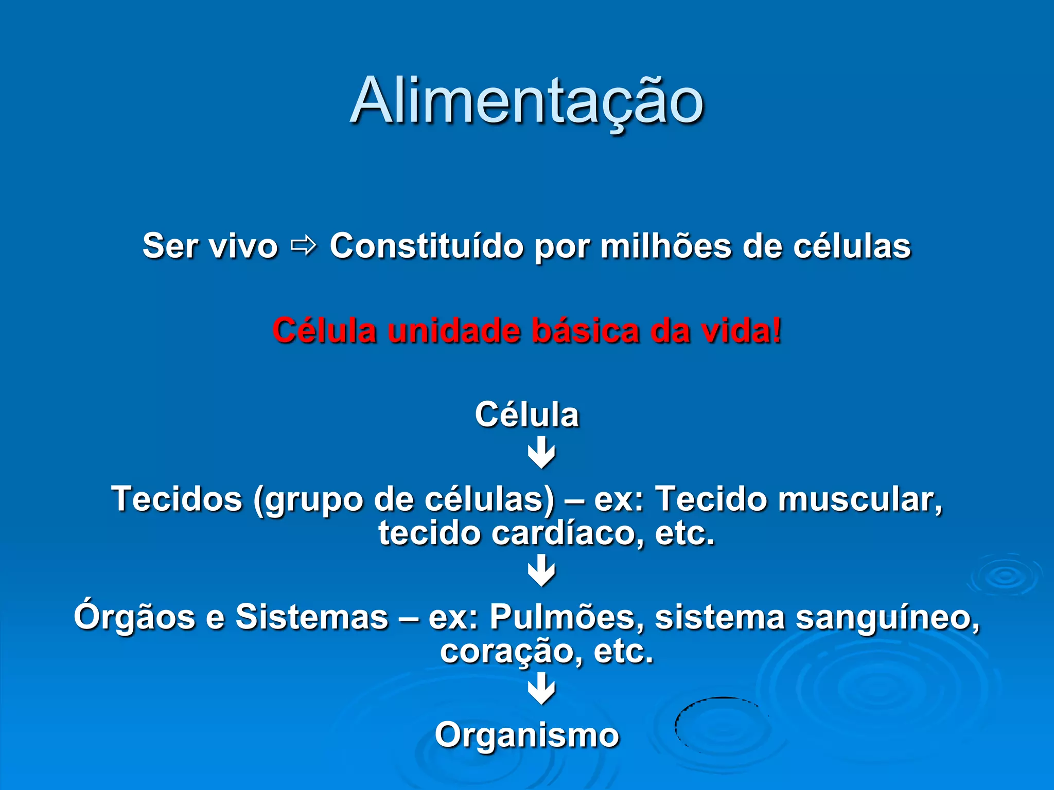 Alimentação

   Ser vivo  Constituído por milhões de células

           Célula unidade básica da vida!

                       Célula
                          
  Tecidos (grupo de células) – ex: Tecido muscular,
                 tecido cardíaco, etc.
                          
Órgãos e Sistemas – ex: Pulmões, sistema sanguíneo,
                     coração, etc.
                          
                     Organismo
 