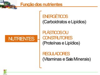 Funçãodosnutrientes
ENERGÉTICOS
(Carboidratos eLipídios)
PLÁSTICOSOU
CONS
TRUTORES
(Proteínas e Lipídios)
REGULADORES
(Vitaminas e SaisMinerais)
NUTRIENTES
 