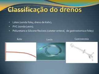 Material utilizado:
• Látex (sonda foley, dreno de Kehr);
• PVC (sonda Levin);
• Poliuretano e Silicone flexíveis (cateter enteral, de gastrostomia e foley)
Kehr Levin Gastrostomia
 