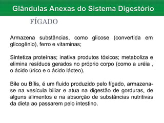FÍGADO
glicose (convertida em
Armazena substâncias, como
glicogênio), ferro e vitaminas;
Sintetiza proteínas; inativa produtos tóxicos; metaboliza e
elimina resíduos gerados no próprio corpo (como a uréia ,
o ácido úrico e o ácido lácteo).
Bile ou Bílis, é um fluido produzido pelo fígado, armazena-
se na vesícula biliar e atua na digestão de gorduras, de
alguns alimentos e na absorção de substâncias nutritivas
da dieta ao passarem pelo intestino.
 