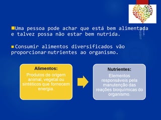 63
Uma pessoa pode achar que está bem alimentada
e talvez possa não estar bem nutrida.
 Consumir alimentos diversificados vão
proporcionar nutrientes ao organismo.
 