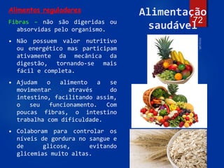 72
Alimentação
saudável
Alimentos reguladores
Fibras – não são digeridas ou
absorvidas pelo organismo.
• Não possuem valor nutritivo
ou energético mas participam
ativamente da mecânica da
digestão, tornando-se mais
fácil e completa.
• Ajudam o alimento a se
movimentar através do
intestino, facilitando assim,
o seu funcionamento. Com
poucas fibras, o intestino
trabalha com dificuldade.
• Colaboram para controlar os
níveis de gordura no sangue e
de glicose, evitando
glicemias muito altas.
 