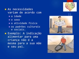  As necessidades
variam de acordo com
 a idade
 o sexo
 a atividade física
 os padrões culturais
e sociais.
 Exemplo: A indicação
alimentar para uma
criança não é a
mesma para a sua mãe
e seu pai.
78
 