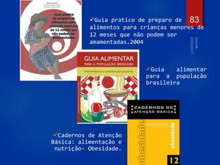 83
Guia pratico de preparo de
alimentos para crianças menores de
12 meses que não podem ser
amamentadas.2004
Guia alimentar
para a população
brasileira
Cadernos de Atenção
Básica: alimentação e
nutrição- Obesidade.
 