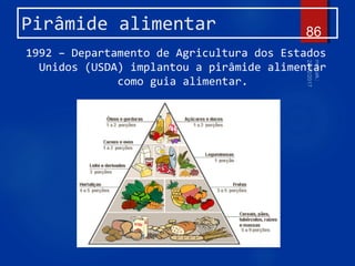 Pirâmide alimentar
1992 – Departamento de Agricultura dos Estados
Unidos (USDA) implantou a pirâmide alimentar
como guia alimentar.
86
 