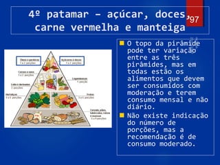 97
4º patamar – açúcar, doces,
carne vermelha e manteiga
 O topo da pirâmide
pode ter variação
entre as três
pirâmides, mas em
todas estão os
alimentos que devem
ser consumidos com
moderação e terem
consumo mensal e não
diário.
 Não existe indicação
do número de
porções, mas a
recomendação é de
consumo moderado.
 