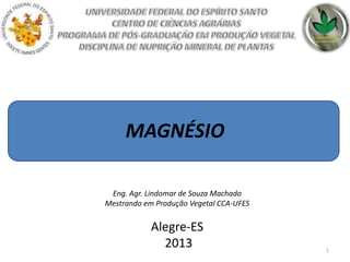 MAGNÉSIO
Eng. Agr. Lindomar de Souza Machado
Mestrando em Produção Vegetal CCA-UFES

Alegre-ES
2013

1

 