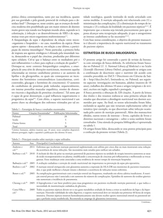 421
Nutrição na sepse
Rev Bras Clin Med. São Paulo, 2012 set-out;10(5):420-6
prática clínica contemporânea, tanto por sua incidência, quanto
por sua gravidade e pelo grande potencial de evolução para o de-
senlace fatal1,2
.Destaque-se, nesse cenário, que os avanços da medi-
cina moderna têm possibilitado que um maior número de doentes
muito graves seja tratado nos hospitais mundo afora, expondo-se à
colonização, à infecção e ao desenvolvimento de SIRS e de sepse,
muitas vezes por micro-organismos multirresistentes1,2
.
A fisiopatologia da sepse é dependente da relação entre micro-
-organismo e hospedeiro – no caso, mamíferos da espécie Homo
sapiens sapiens – destacando-se, em relação a este último, a partici-
pação do sistema imunológico3
. Neste particular, a primeira linha
de resposta aos agentes etiológicos é efetuada pela imunidade ina-
ta, destacando-se o papel das citocinas, produzidas por diferentes
tipos celulares. Crê-se que o balanço entre os mediadores pró e
anti-inflamatórios é a chave para explicar a evolução do quadro4-6
.
Destaque-se, neste contexto fisiopatológico complexo, a emer-
gência de uma série de alterações nutricionais, mormente aquelas
relacionadas ao intenso catabolismo proteico e ao aumento da
lipólise e da glicogenólise, os quais são consequentes ao incre-
mento dos hormônios contrainsulínicos (catecolaminas, corti-
costeroides, glucagon e hormônio do crescimento). O aumento
do catabolismo de proteínas pode redundar, sequencialmente,
em intensa proteólise muscular esquelética, erosões de elemen-
tos viscerais e degradação de proteínas circulantes7
. Tal status quo
é capaz de gerar desnutrição, a qual influencia negativamente o
prognóstico da sepse8,9
. Com efeito, o suporte nutricional é um
ponto chave na abordagem dos enfermos vitimados por tal en-
tidade nosológica, quando instituído de modo articulado com
outras medidas. A nutrição adequada está relacionada com (1) a
minimização das complicações, (2) a diminuição do tempo de in-
ternação e (3) a redução da letalidade em pacientes sépticos10-12
. É
importante que a mesma seja iniciada precocemente para que se
possa alcançar uma recuperação adequada, já que o antagonismo
ao intenso catabolismo se faz necessário13,14
.
Com base nestas considerações, o objetivo do presente manuscri-
to é discutir a importância do suporte nutricional no tratamento
do paciente séptico.
ESTRATÉGIA DE BUSCA BIBLIOGRÁFICA
O presente artigo foi construído a partir de revisão da literatu-
ra com estratégia de busca definida. As referências foram busca-
das no Pubmed (U. S. National Library of Medicine) e no Scielo
(Scientific Electronic Library Online), pesquisando-se artigos com
a combinação de descritores sepsis e nutrition (de acordo com
consulta procedida no DeCS / Descritores em Ciências da Saú-
de – http://decs.bvs.br/), limitando-se, no Pubmed, aos seguin-
tes aspectos: investigações em humanos, adultos (maiores de 18
anos), trabalhos dos últimos 10 anos e artigos (originais e de revi-
são), escritos em inglês, espanhol e português.
A busca permitiu a obtenção de 320 citações. A partir da leitura
dos títulos e dos resumos realizou-se uma primeira seleção dos
estudos que discutiam a abordagem nutricional nos doentes aco-
metidos por sepse. Ao final, os textos selecionados foram lidos,
excluindo-se aqueles que não versavam explicitamente sobre tal
temática (por exemplo, os que discorriam sobre infecção ocasio-
nada pelo cateter de nutrição parenteral). Além dos manuscritos
obtidos, outros textos de interesse – livros, capítulos de livros e
diretrizes nacionais e estrangeiras – sobre o tema também foram
consultados. Uma súmula da pesquisa bibliográfica é apresentada
na tabela 1.
Os artigos foram lidos, destacando-se seus pontos principais para
a confecção da presente revisão (Tabela 2).
Tabela 2 – Principais estudos sobre nutrição e sepse utilizados.
Autores Ano Principal(is) Conclusão(ões)
Andrews e
col.43
2011 Enfermos que receberam nutrição parenteral suplementada com selênio por cinco dias ou mais mostraram uma redução
da ocorrência de novas infecções. São necessários mais estudos para ratificar tais achados.
Barbosa e col.18
2010 A inclusão de óleo de peixe na nutrição parenteral de pacientes sépticos na unidade de terapia intensiva aumentou as taxas
de ácido eicosapentaenóico no plasma, modificando a concentração de citocinas pró-inflamatórias e melhorando as trocas
gasosas. Estas mudanças estão associadas a uma tendência de menor tempo de internação hospitalar.
Barbuscia e col.24
2005 A avaliação cuidadosa e correção de estado nutricional são importantes na prevenção da sepse pós-operatória.
Boelens e col.39
2002 A nutrição enteral enriquecida com glutamina aumenta a expressão do HLA-DR nos monócitos de pacientes traumatiza-
dos, o que pode melhorar a função imune e diminuir a ocorrência de infecções nesses enfermos.
Bonet e col.38
2005 As complicações gastrintestinais com a nutrição enteral são frequentes, resultando em oferta calórica insuficiente. A nutri-
ção enteral precoce não é associada a um aumento do número de complicações. Episódios de aumento do resíduo gástrico
não aumentam a incidência de pneumonia.
Cheung e col.48
2005 A hiperglicemia é um fator preditivo para mau prognóstico em pacientes recebendo nutrição parenteral, o que indica a
necessidade de monitorização cuidadosa da glicemia.
Costa Filho e
col.9
2009 Todos os pacientes sépticos devem ter o seu gasto metabólico avaliado de forma a evitar os malefícios da hipo e da hiper-
nutrição. Havendo viabilidade do tubo digestivo, o suporte nutricional deve ser iniciado nas primeiras 48 horas de terapia
intensiva. Doentes sépticos instáveis hemodinamicamente não devem receber aporte nutricional enteral ou parenteral até
que a perfusão esteja restabelecida. Recomenda-se emprego de glutamina intravenosa.
Continua...
Tabela 1 – Estratégias de busca e resultados encontrados.
Fontes Citações Encontradas* Publicações Selecionadas
Pubmed 77 28
Scielo 39 5
Outras fontes 5
Total 38
*Limites: humanos, adultos (maiores que 18 anos), texto completo disponível,
idiomas português, inglês e espanhol e publicações dos últimos 10 anos.
 