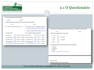 14
2.1 O Questionário
Grupo de Trabalho de Enfermagem: enf.apnep@gmail.com | twitter.com/enf_apnep
 