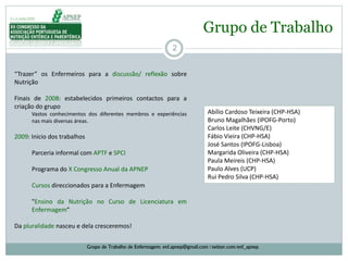 Grupo de Trabalho
2
Grupo de Trabalho de Enfermagem: enf.apnep@gmail.com | twitter.com/enf_apnep
Abílio Cardoso Teixeira (CHP-HSA)
Bruno Magalhães (IPOFG-Porto)
Carlos Leite (CHVNG/E)
Fábio Vieira (CHP-HSA)
José Santos (IPOFG-Lisboa)
Margarida Oliveira (CHP-HSA)
Paula Meireis (CHP-HSA)
Paulo Alves (UCP)
Rui Pedro Silva (CHP-HSA)
“Trazer” os Enfermeiros para a discussão/ reflexão sobre
Nutrição
Finais de 2008: estabelecidos primeiros contactos para a
criação do grupo
Vastos conhecimentos dos diferentes membros e experiências
nas mais diversas áreas.
2009: Inicio dos trabalhos
Parceria informal com APTF e SPCI
Programa do X Congresso Anual da APNEP
Cursos direccionados para a Enfermagem
"Ensino da Nutrição no Curso de Licenciatura em
Enfermagem“
Da pluralidade nasceu e dela cresceremos!
 