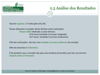 22
2.3 Análise dos Resultados
Grupo de Trabalho de Enfermagem: enf.apnep@gmail.com | twitter.com/enf_apnep
Taxa de resposta: 17 instituições (41,5%)
Tempo dedicado à nutrição: Muito distinto entre instituições
Tempo médio dedicado a aulas teóricas:
10.6 horas (Unidade Curricular Integrada)
10.7 horas (Unidade Curricular Autónoma)
53% das instituições: não tem uma unidade curricular autónoma de nutrição.
59% dos docentes é Enfermeiro.
É de ponderar que a nutrição não seja uma temática primordial, pois tem um enorme
impacto clínico e financeiro.
 