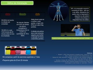 Défice de Hidratação

Antes
300-600ml de líquidos
na refeição précompetição.

150-300 ml: a cada
15-20 minutos até 45
minutos antes do início
da competição.

Durante

No intervalo: Bebidas
com 6-8% de hidratos
de carbono
(energéticas) a
temperaturas entre os
15-20ºC em
quantidades de 150 a
300ml.

60% da composição corporal é
composta por Água…pelo que
o seu défice, representa uma
quebra clara no desempenho
desportivo ou até poderá
constituir uma ameaça à
integridade física dos atletas

Após
Atelas devem pesar-se
e verificar o peso
perdido, e ingerir 450675ml por cada 0,5kg
perdidos.
A refeição pós-esforço
deve conter alimentos
salgados para facilitar
a reposição de fluídos
e electrólitos perdidos.

A perda de líquidos através do suor durante um jogo de futebol varia entre 1 a 3,5 litros

Referências:
Bangsbo, J. (1994). Energy demands in competitive soccer. J.Sports Sci, 12:5-12
• Horta, L. Nutrição do Desporto (3ª Ed.). Editorial Caminho, 2006;
Galloway SD. (1999). Dehydration, rehydration, and exercise in heat: rehydration strategies for
athletic competition. Can J.Appl. Physiol., 24: 188-200;
• Rico-Sanz J.,Frontera, WR., Rivera, MA., Molé, PA., & Meredith, CN. (1996). Effects of
hyperhydration on total body water, temperature regulation and performance of elite young
soccer players in a warm climate. Int. j. Sports Med.., (17:85-91).
•

•Só compensa a partir de exercícios superiores a 1 hora;
•Pequenos golos de 20 em 20 minutos

•

 