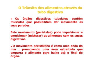 • Os órgãos digestivos tubulares contêm
músculos que possibilitam dar movimento às
suas paredes.
Este movimento (peristalse) pode impulsionar e
O Trânsito dos alimentos através do
O Trânsito dos alimentos através do
tubo digestivo
tubo digestivo
Este movimento (peristalse) pode impulsionar e
emulsionar (misturar) os alimentos com os sucos
digestivos.
• O movimento peristáltico é como uma onda do
mar , promovendo uma área estreitada que
empurra o alimento para baixo até o final do
órgão.
 