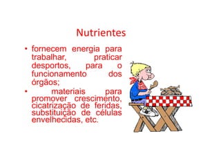 Nutrientes
• fornecem energia para
trabalhar, praticar
desportos, para o
funcionamento dos
órgãos;
funcionamento dos
órgãos;
• materiais para
promover crescimento,
cicatrização de feridas,
substituição de células
envelhecidas, etc.
 
