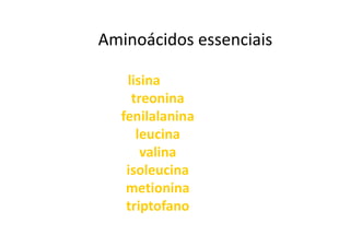 Aminoácidos essenciais
lisina
treonina
fenilalanina
fenilalanina
leucina
valina
isoleucina
metionina
triptofano
 